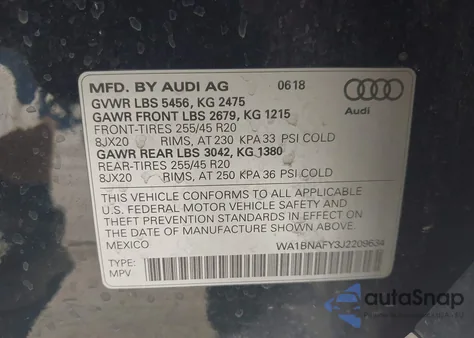2018 Audi Q5 2.0T Premium из США, поврежденный, VIN WA1BNAFY3J2209634